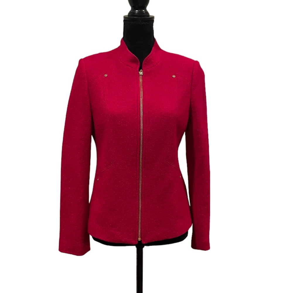 Laura Petitie wool blend red textured zipper front blazer jacket size 8P